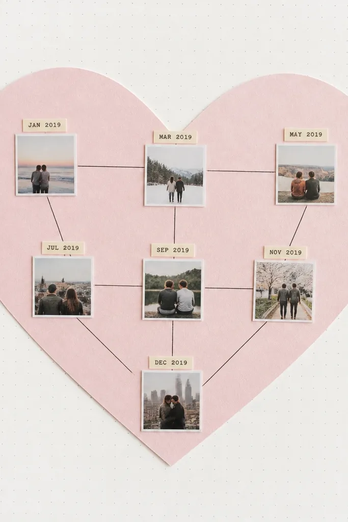 A page with a large heart shape cut from light pink cardstock. Inside the heart are tiny date labels and small photo squares connected by thin black lines. The background is white with faint gray dots.