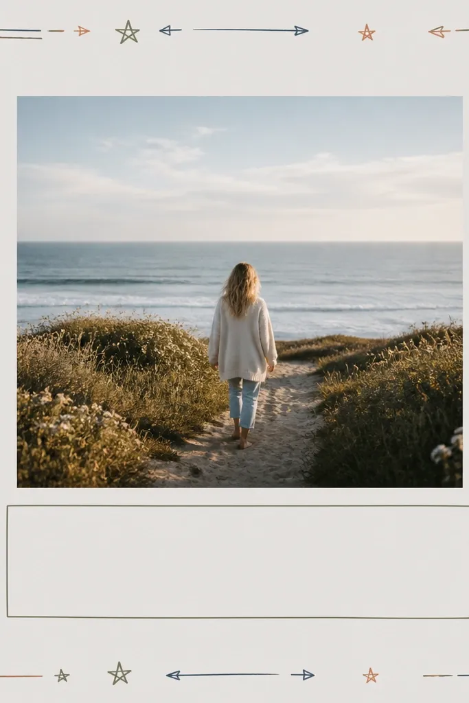 A page with a simple photo in the center and a hand-drawn doodle border around the edges. The border has tiny stars, small arrows, and short lines in matching colors. The background is light gray, and the journaling sits under the photo in a clean rectangle.