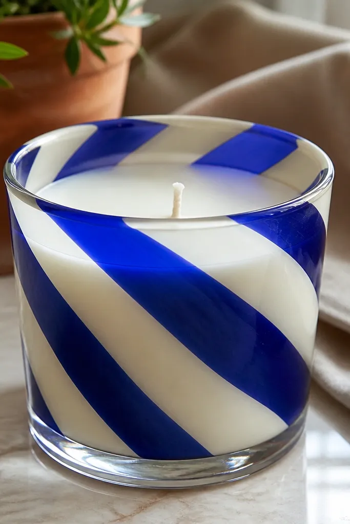 Glass candle with diagonal red and white stripe band