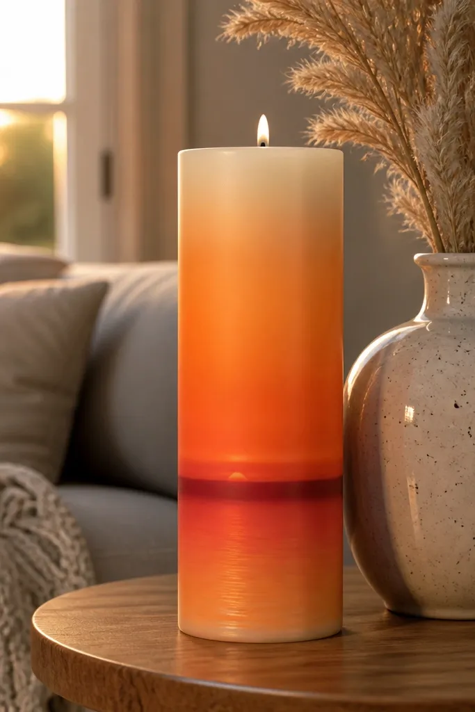 Wax candle painted with orange, pink, and purple sunset bands
