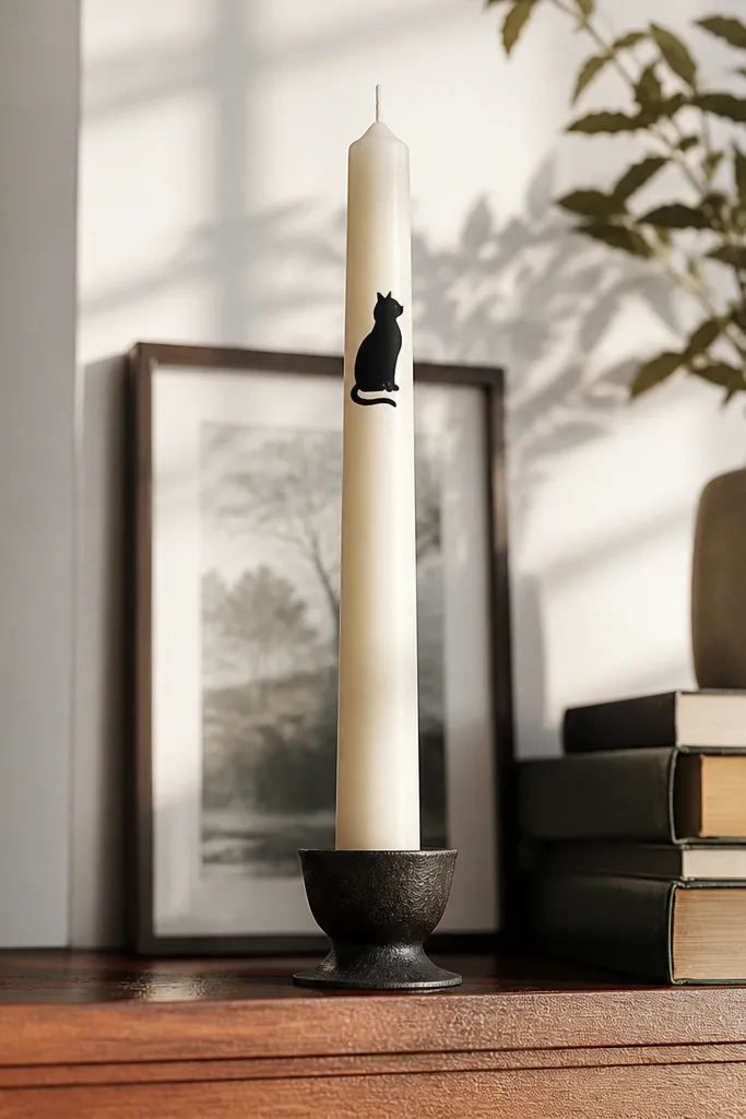 Cream taper candle with simple black cat silhouette
