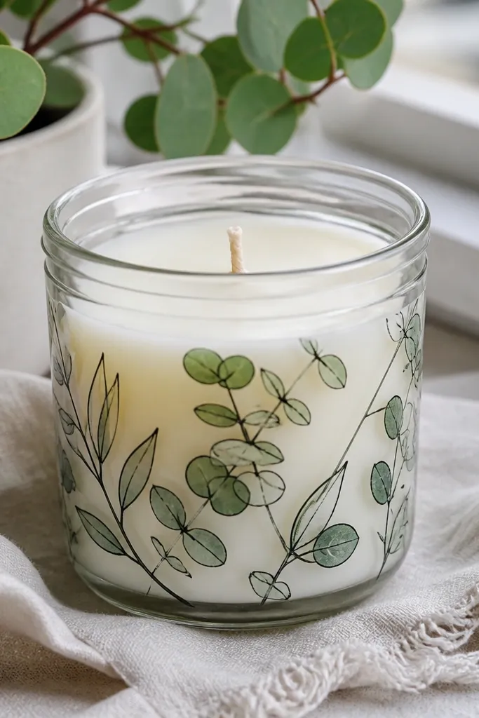 Clear glass candle with thin green leaf line drawing