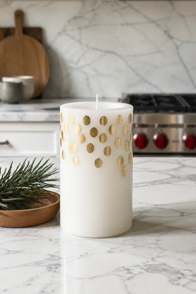 Matte white candle with gold dot pattern in a vertical line