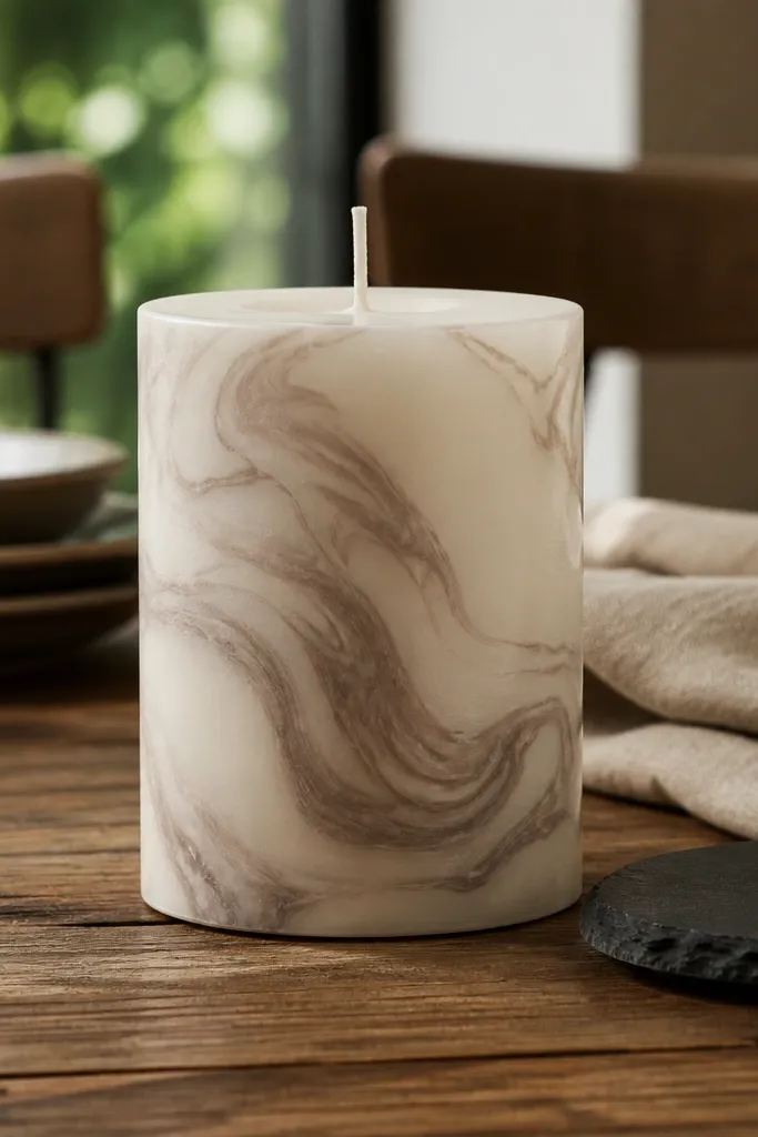 Wax candle with marbled white and teal swirls