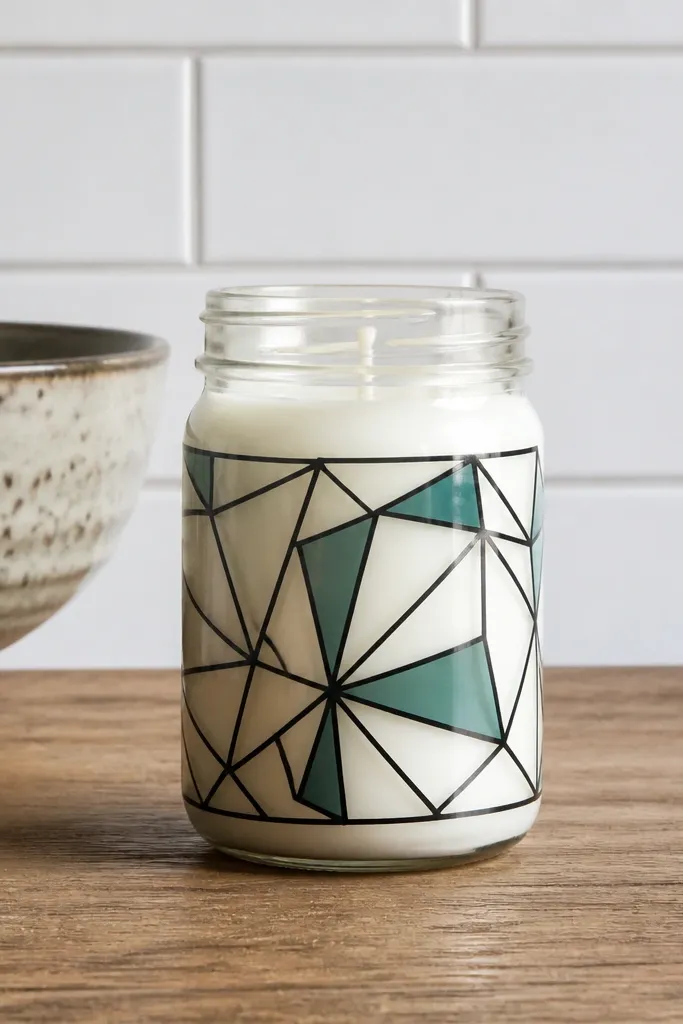 Glass candle with black triangle frame and colored accents