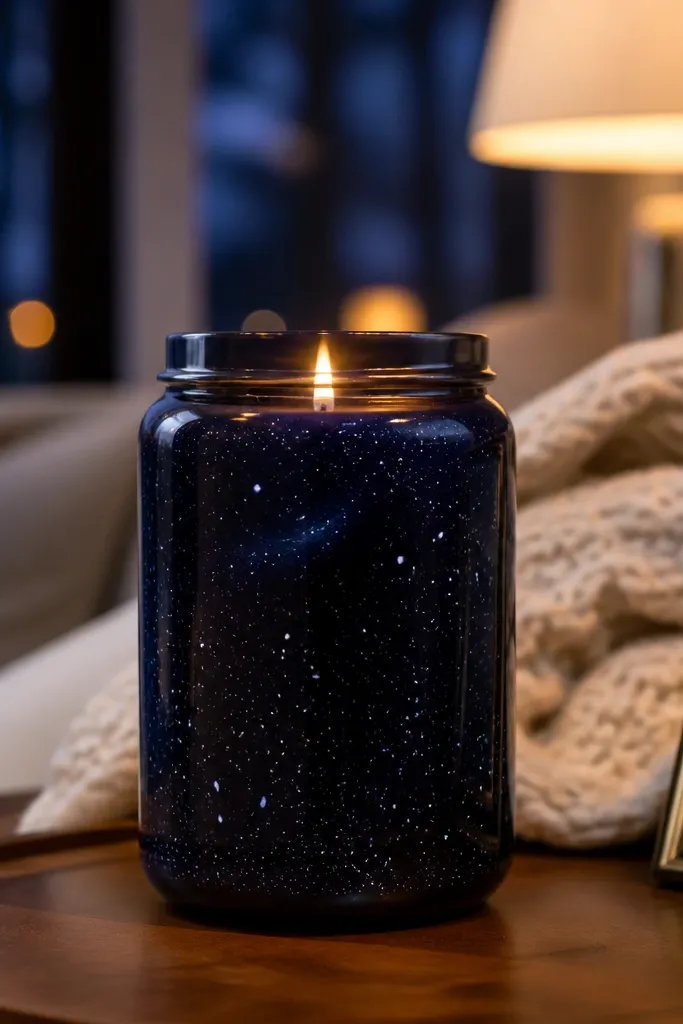 Candle painted dark blue with scattered white star dots