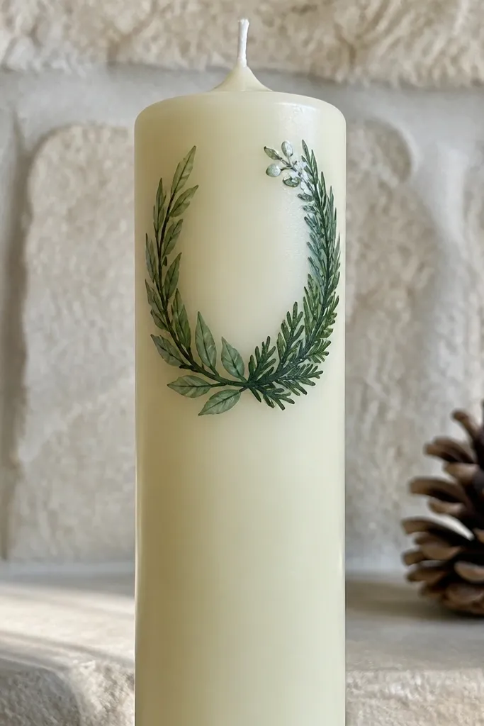 Taper candle with green half-moon wreath leaves around one side