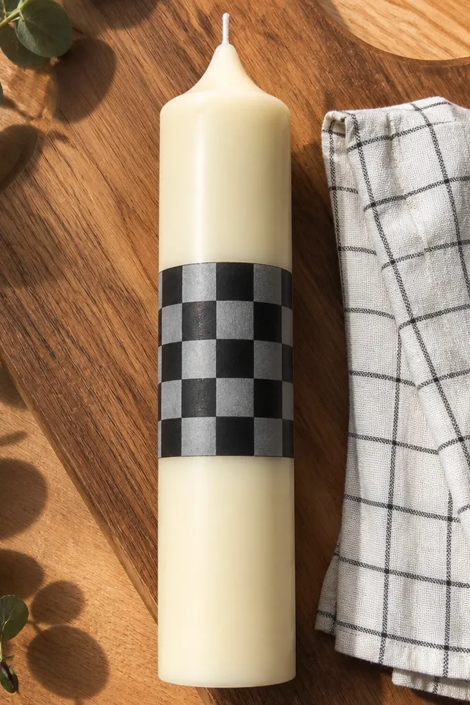Candle with black and white checkered band
