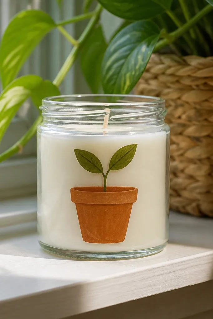 Glass jar candle painted with terracotta pot and green stem