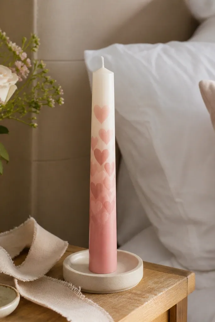Taper candle with light pink ombre hearts pattern