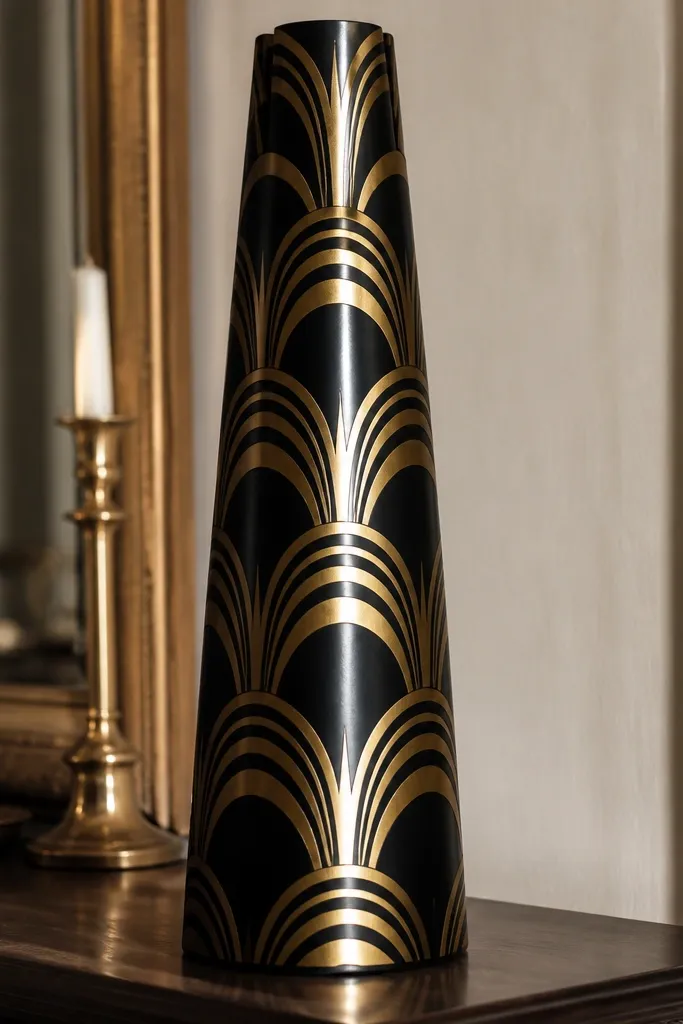 Candle with art deco arch lines in black and gold