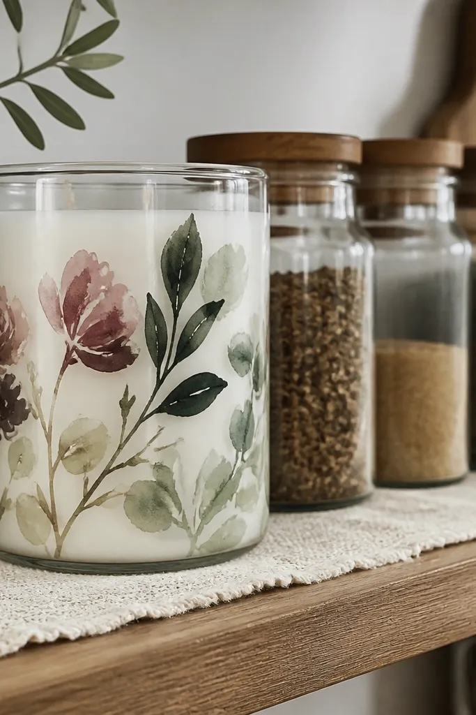 Candle with watercolor-like florals and one dark green stem