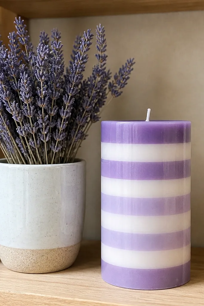 Candle painted with lavender and cream horizontal stripes