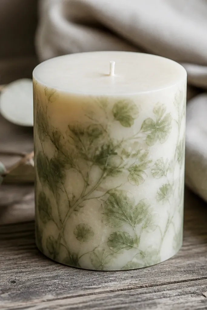 Candle with subtle green leaf vein pattern texture