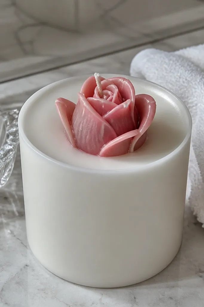Candle with one dusty pink rosebud painted near the top