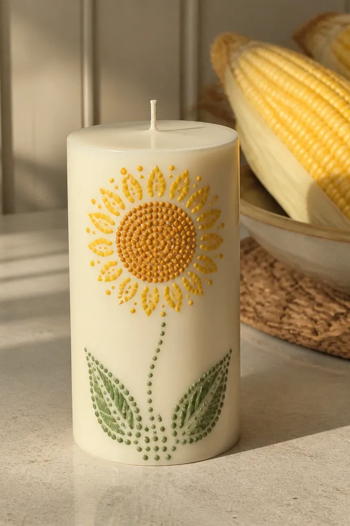 Candle with sunflower painted using bright yellow petals and dot center