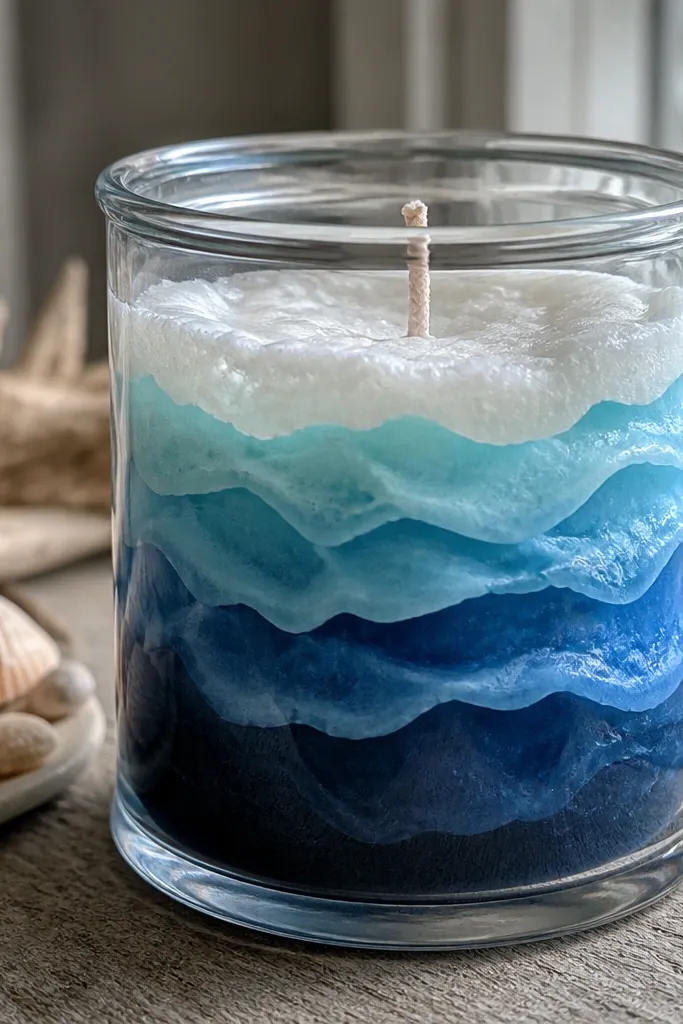 Glass candle painted with stacked blue wave lines