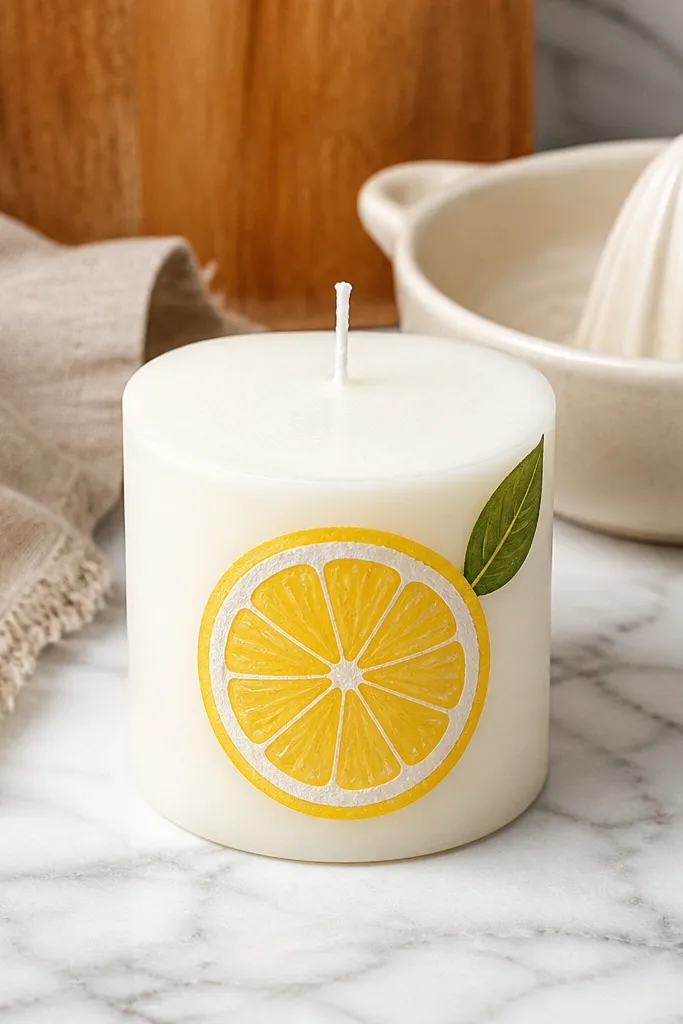 Cream candle painted with lemon slices and a green leaf