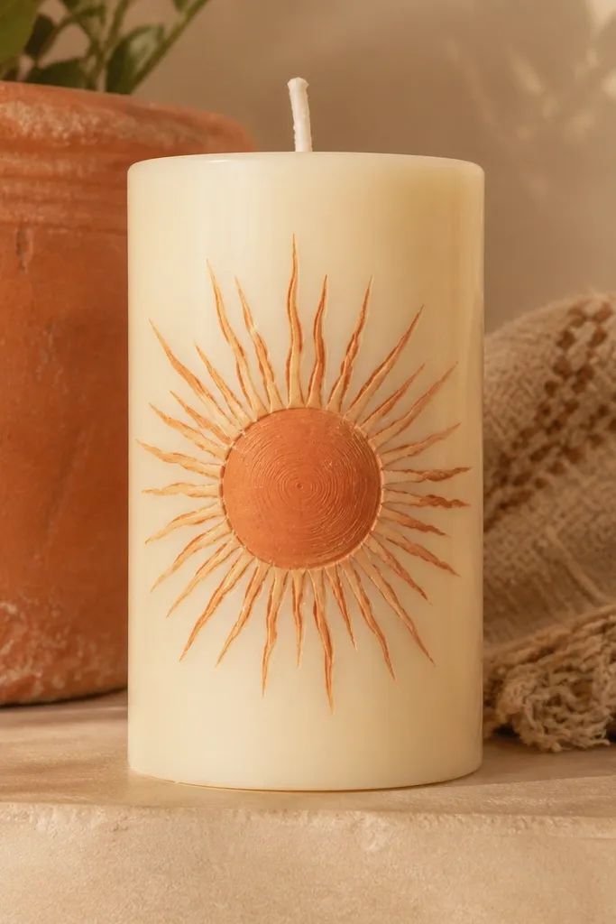 Candle painted with terracotta sun and simple radiating lines