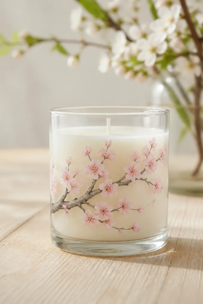 Clear jar candle with a pink cherry blossom branch