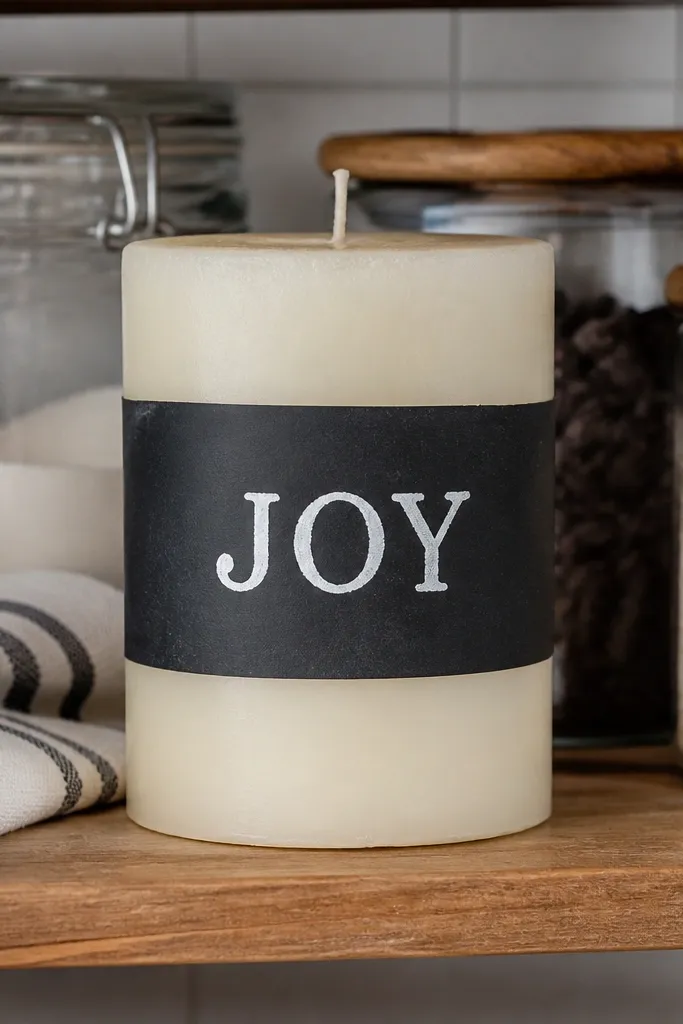 Candle painted like a chalkboard label with white text