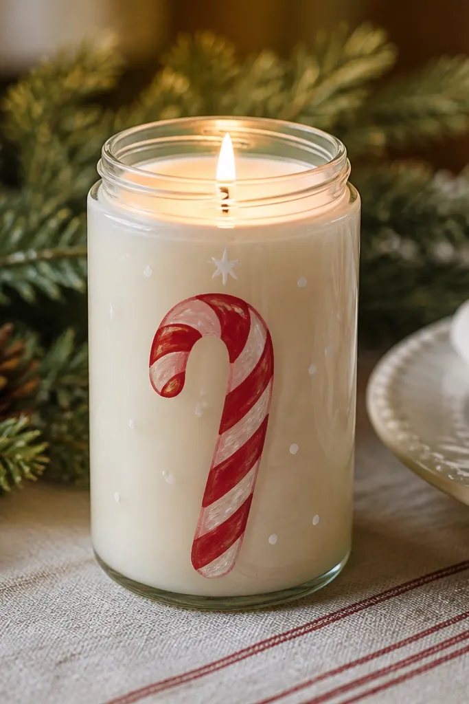 Glass candle painted with a candy cane and small snow dots