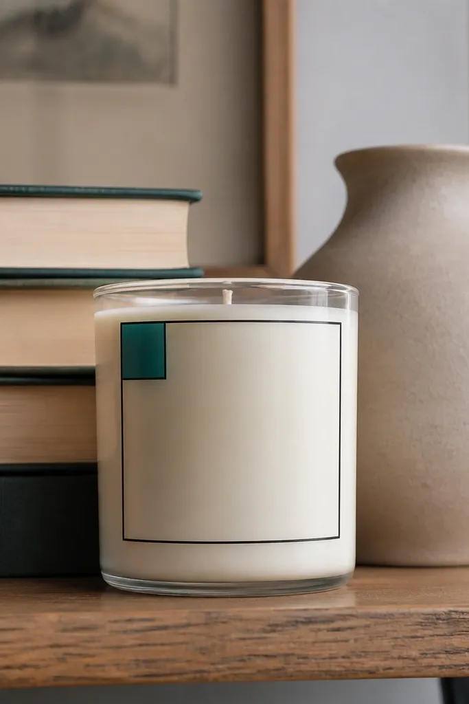 Candle with thin black border frame and teal accent dots