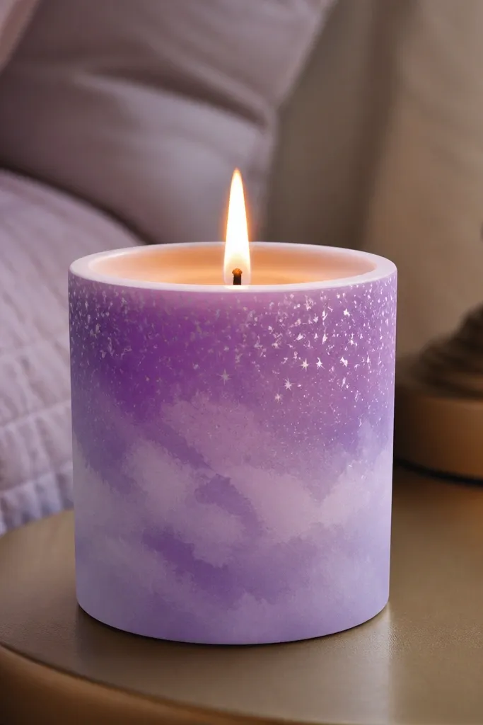 Candle with lavender cloud wash and small white stars