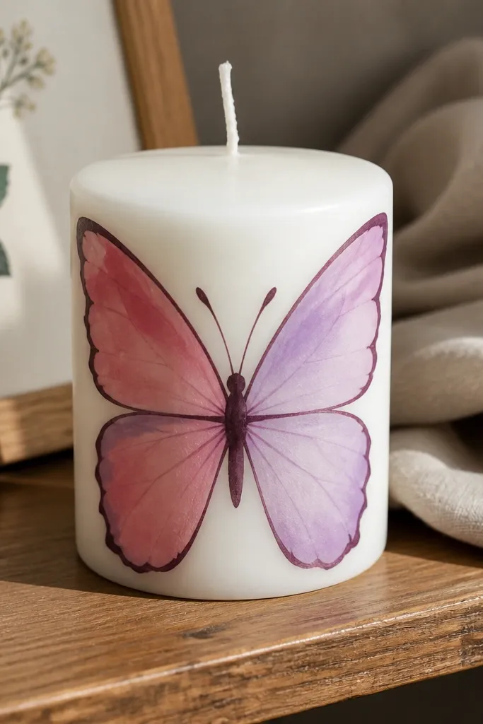 Candle with light wings wash and dark outline butterfly