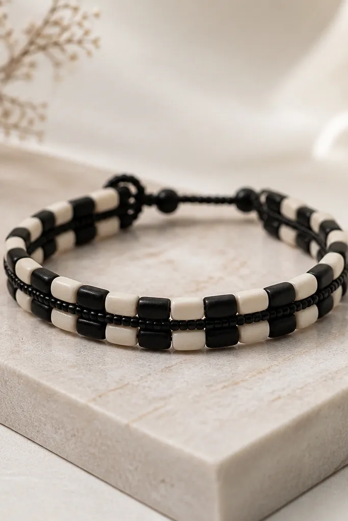 A bracelet alternating black and cream square-ish clay beads in a checker pattern, with two thin black seed bead lines running through the center.
