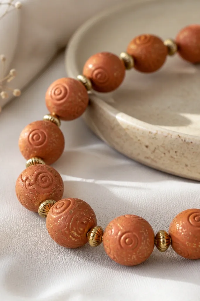 Warm terracotta clay beads with visible spiral swirls and tiny gold flecks, spaced with small gold-toned metal separators.