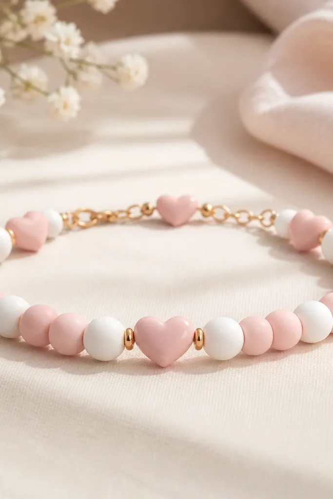 A bracelet mostly made of smooth matte beads in pale pink and white, with three small raised heart beads in the center and near the clasp area.