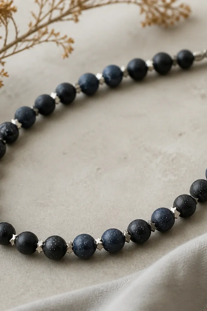 Deep navy and black clay beads with lighter speckles like stars, interspersed with tiny silver star spacer beads.