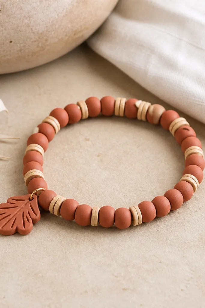 Terracotta clay beads mixed with beige wood-look spacer beads and a small matching terracotta charm at one side.