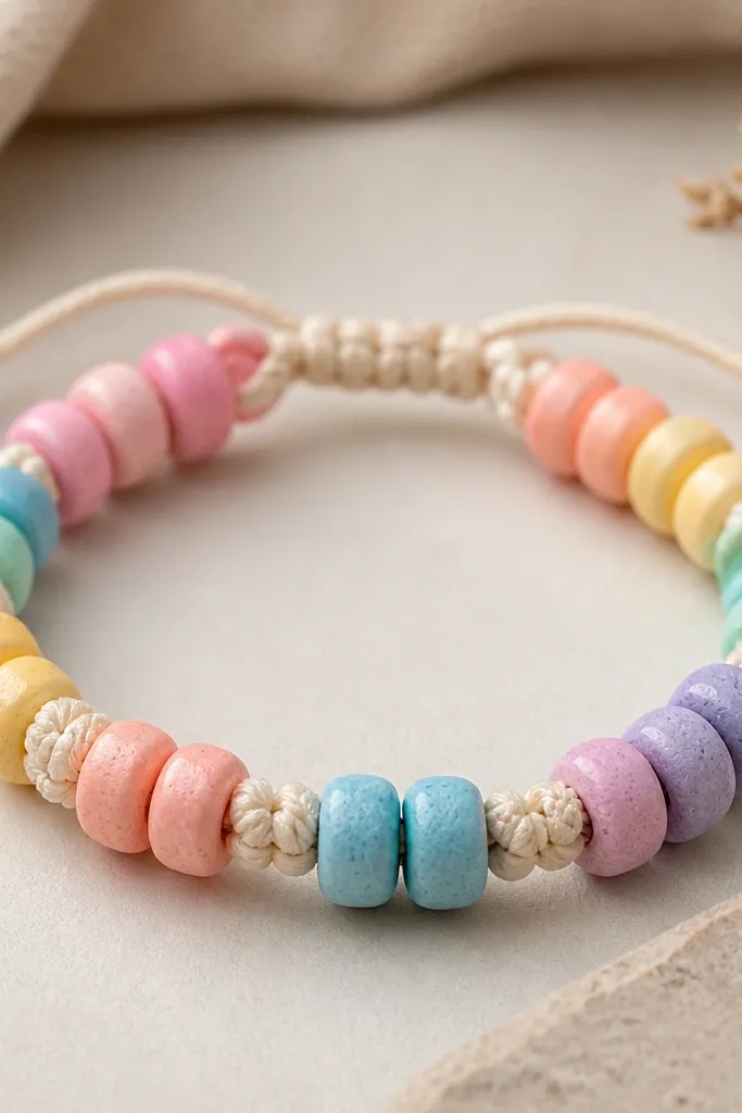 A bracelet made of pastel rainbow clay beads strung on cord with visible macramé knots between groups, creating a braided look.