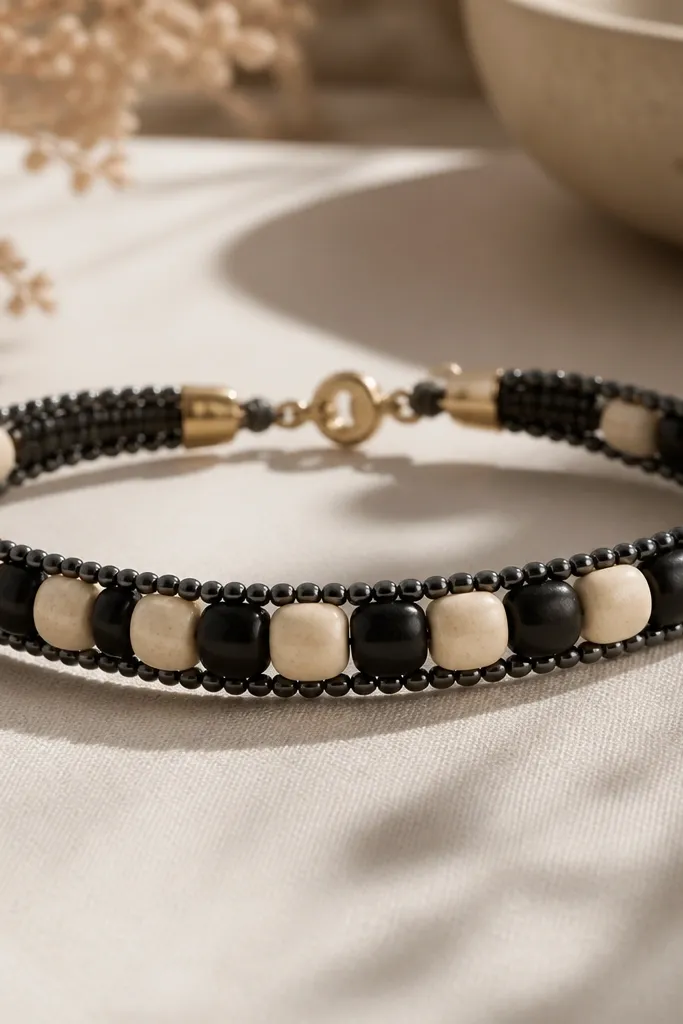 A bracelet with larger clay beads in cream and black at the center, surrounded by tiny black seed beads forming thin edge lines.