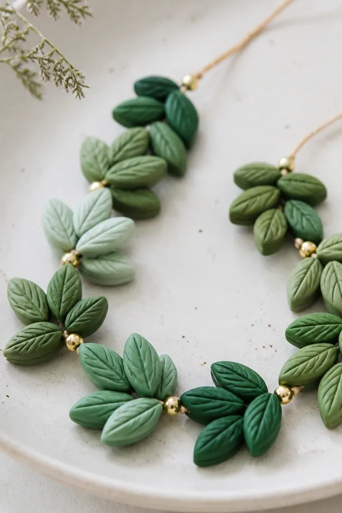 Hand-shaped leaf clay beads in multiple shades of green arranged in clusters, with tiny gold dot beads inserted between clusters.