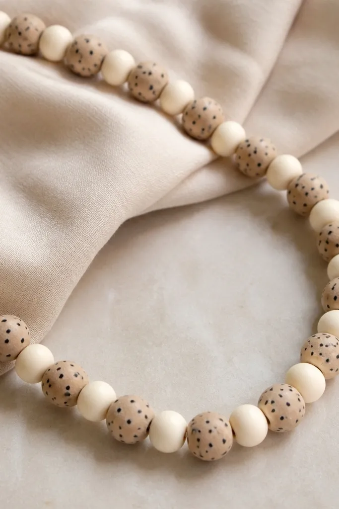 Beige clay beads each with small black dots, spaced with smooth cream beads to keep the pattern neat.