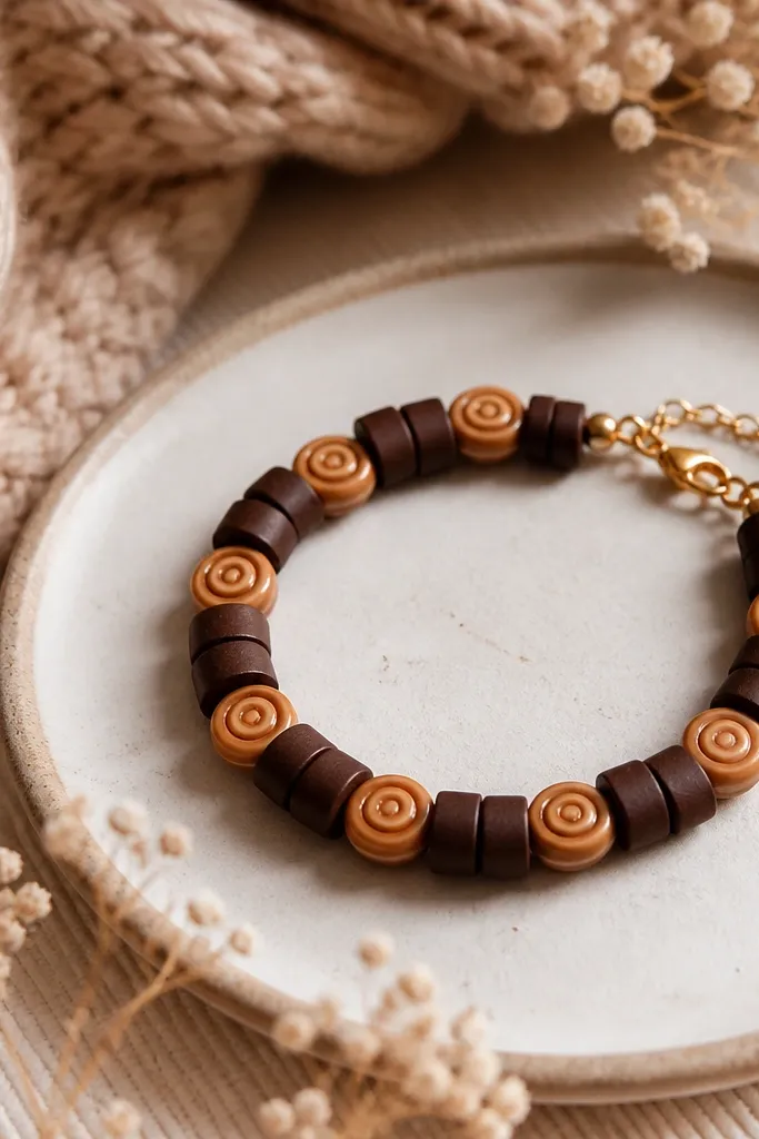 Dark chocolate clay beads paired with caramel-colored swirl spacers that look like tiny candy swirls; the bracelet looks warm and cozy.
