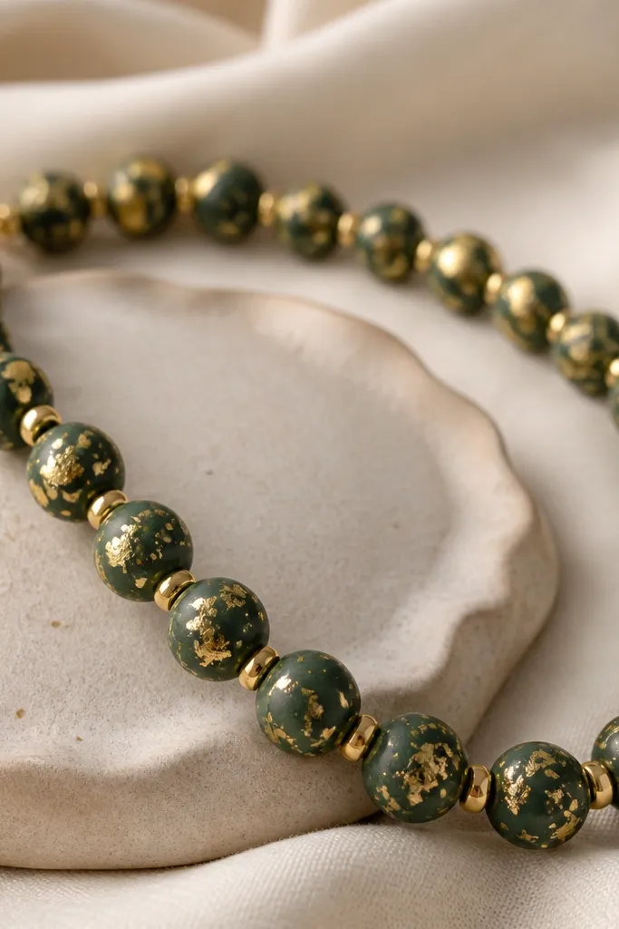 Dark green clay beads with gold leaf-like flakes pressed into the surface, plus small gold-toned spacers at intervals.