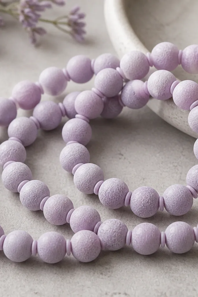 Lilac clay beads with a subtle crackle texture, all the same color, separated by tiny matching lilac spacers.