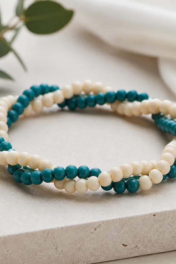 A bracelet that looks braided with two strands of beads: alternating cream and teal beads that interlock visually.