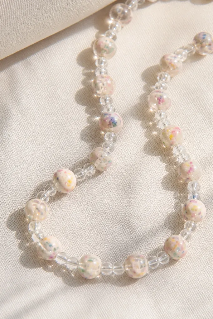 Clay beads with multicolor confetti bits inside, separated by clear seed beads that catch light.