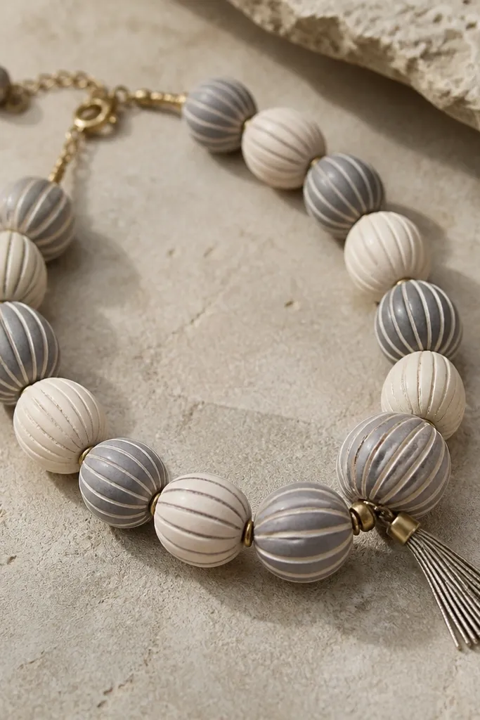 Clay beads with raised striped texture in muted gray and cream, plus a small metallic fringe charm hanging at the side.
