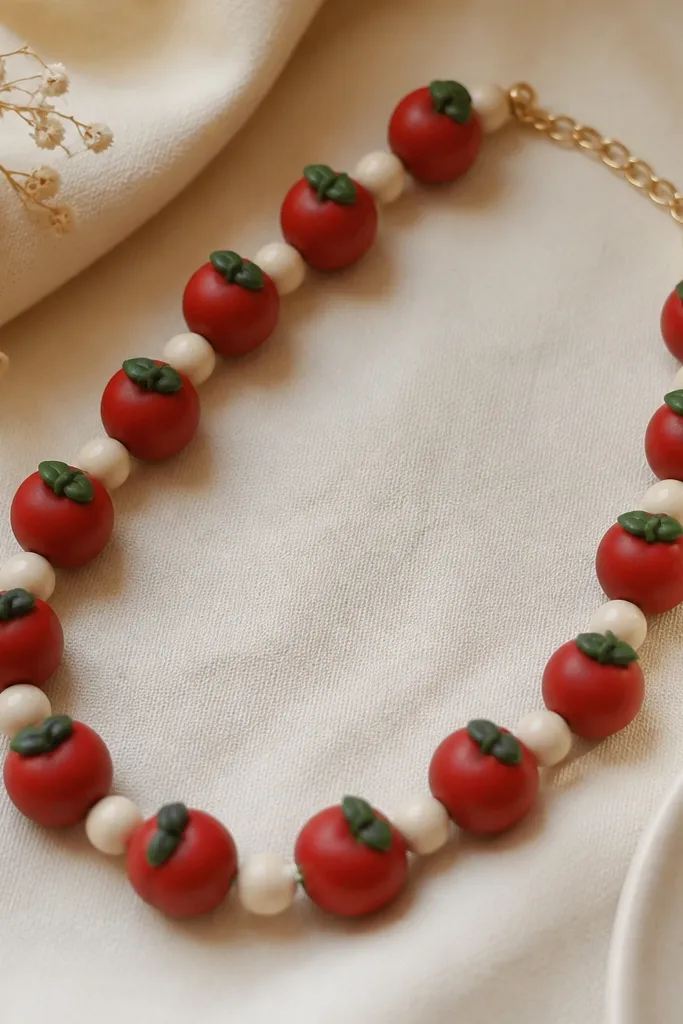 Round red clay beads each with a tiny green leaf tip on top, spaced with small cream beads.