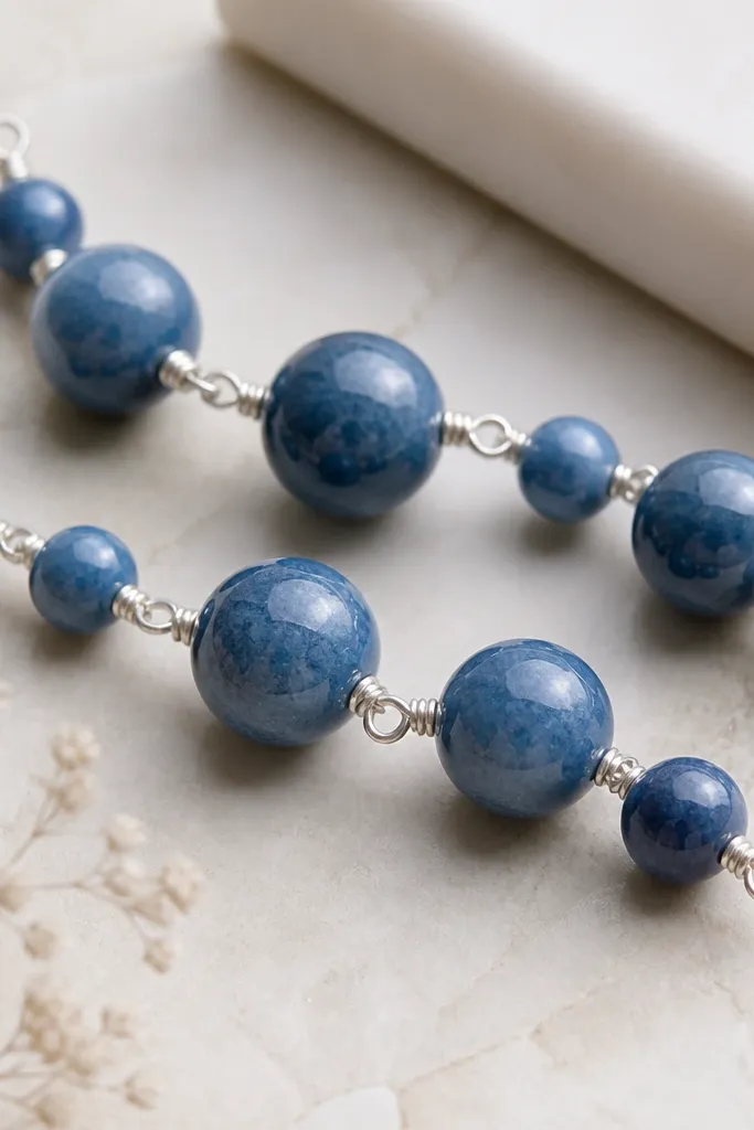 Glassy-looking blue clay beads in mixed sizes, with silver wire-wrapped loops at each end instead of typical clasps.
