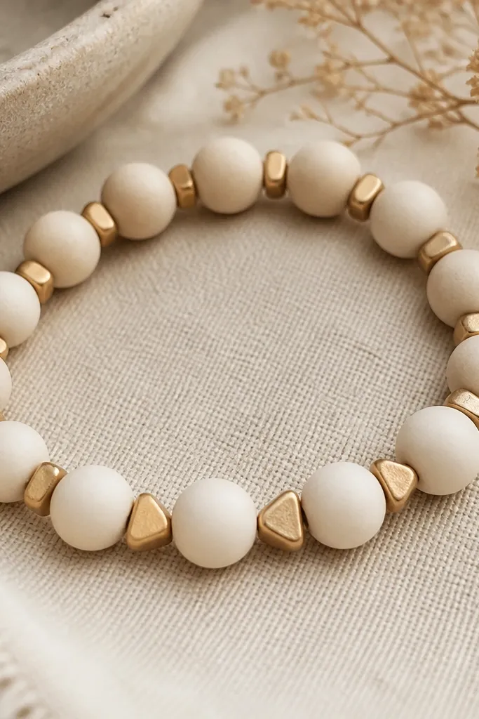 Cream clay beads separated by small gold triangle-shaped clay accents, arranged in a repeating pattern along the bracelet.