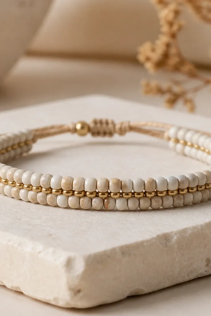 A bracelet that shows two rows of small clay beads with a visible middle line of tiny seed beads, creating a flat layered look.