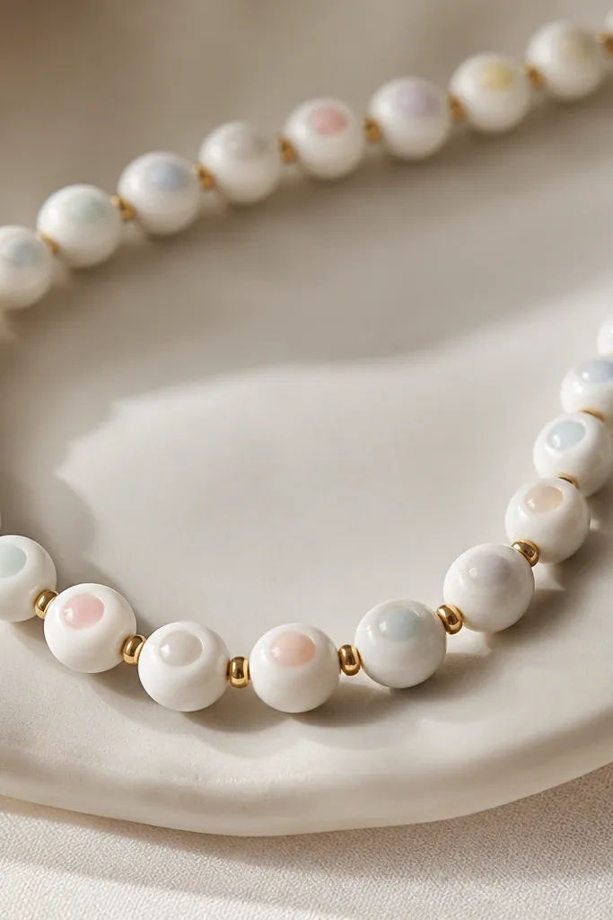 Small round clay beads that look like pearls in soft white, with faint pastel cores visible at the center; separated by tiny gold beads.