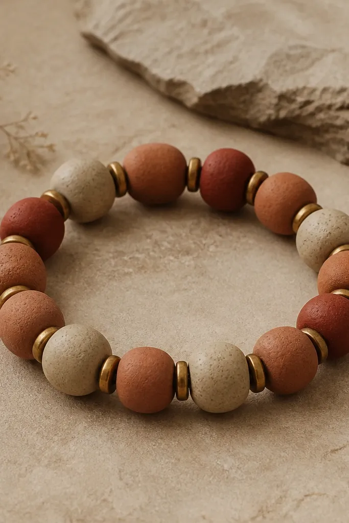 A bracelet with terracotta, sand beige, and rust red clay beads mixed together, separated by small brass spacers; the tones look like pottery and sand.